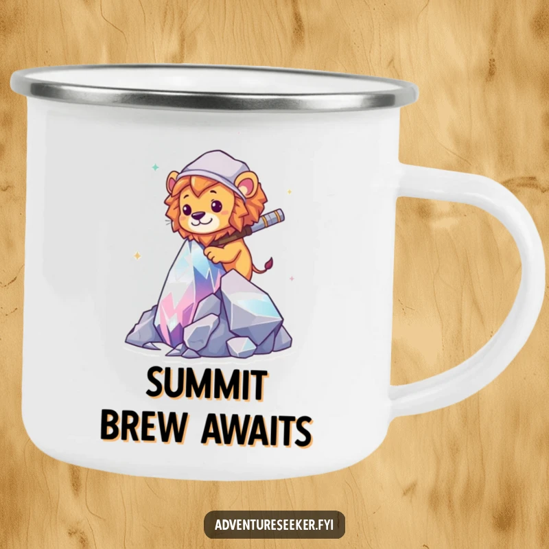Funny Lion Explorer Camping Mug: A bold lion scaling a crystal, for epic outdoor adventures and laughter.