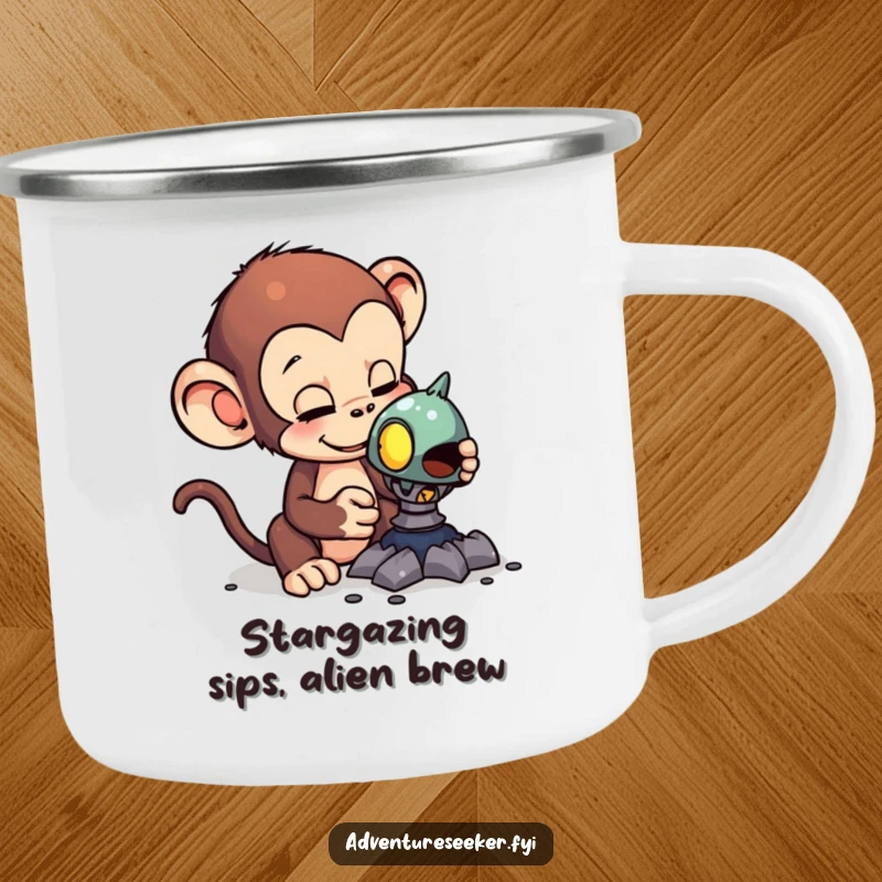 Funny camping mug with a curious monkey examining a strange alien artifact, perfect for outdoor adventures and a humorous touch.