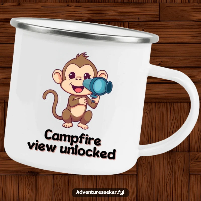 Funny Monkey Camping Mug featuring a mischievous monkey character looking through a telescope, perfect for outdoor humorous enjoyment.