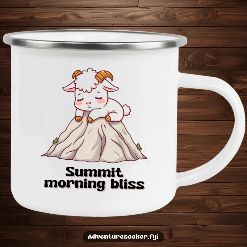 Funny Mountain Goat Camping Mug featuring a contented goat character napping on a mountain peak, perfect for outdoor humorous enjoyment.