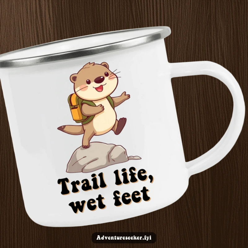 Funny Otter Camping Mug: Cheerful adventurer otter with backpack leaps over a rock, ideal for outdoor adventures and humorous camp mornings.