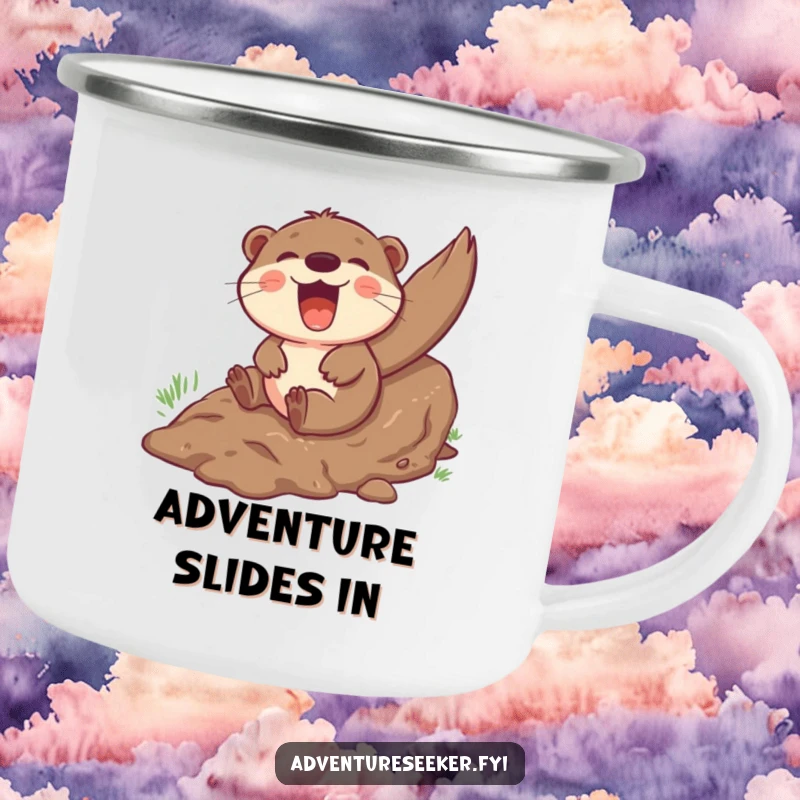 Funny otter camping mug showing a giggling character sliding down a muddy hill, ideal for outdoor fun and adventures.