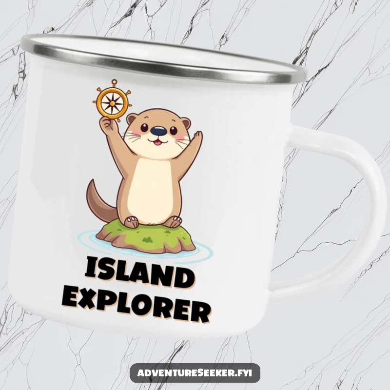 Funny Otter Camping Mug: Curious otter triumphantly holding a tiny compass aloft on a small island, rugged and reliable.