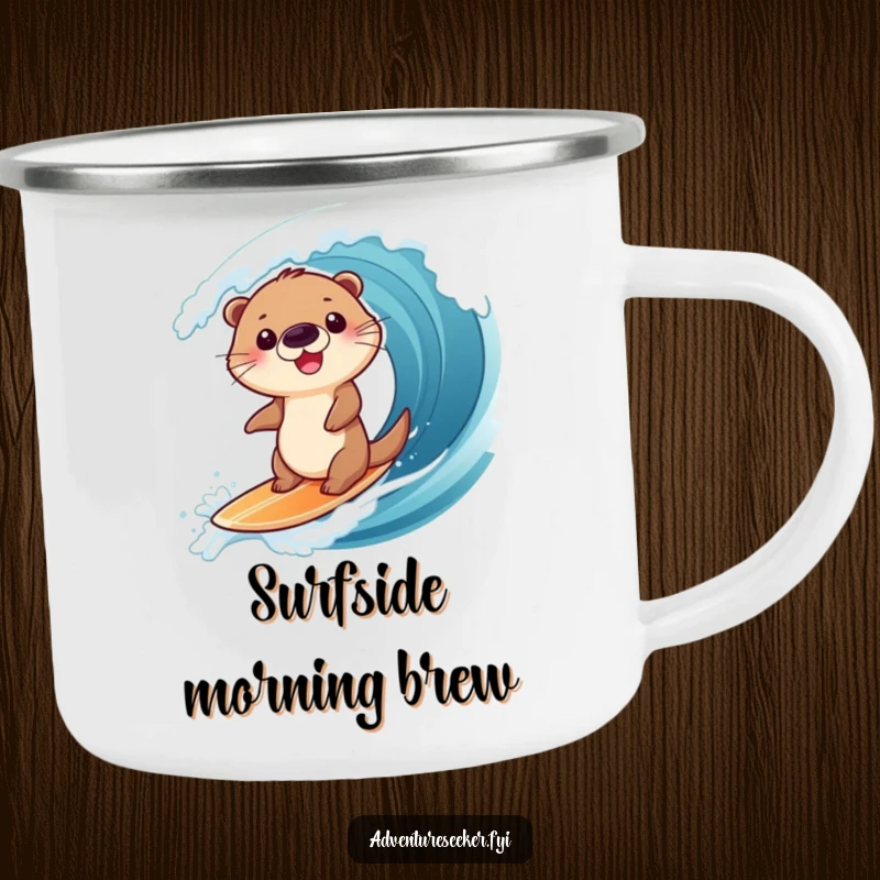 Funny camping mug showcasing a giggling otter character surfing a big wave, ideal for outdoor enthusiasts, a humorous and portable gift.