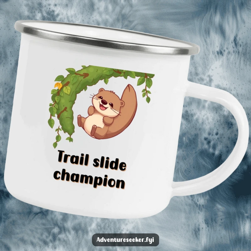 Funny camping mug featuring a giggling otter character sliding down a mossy jungle vine, ideal for outdoor enthusiasts.