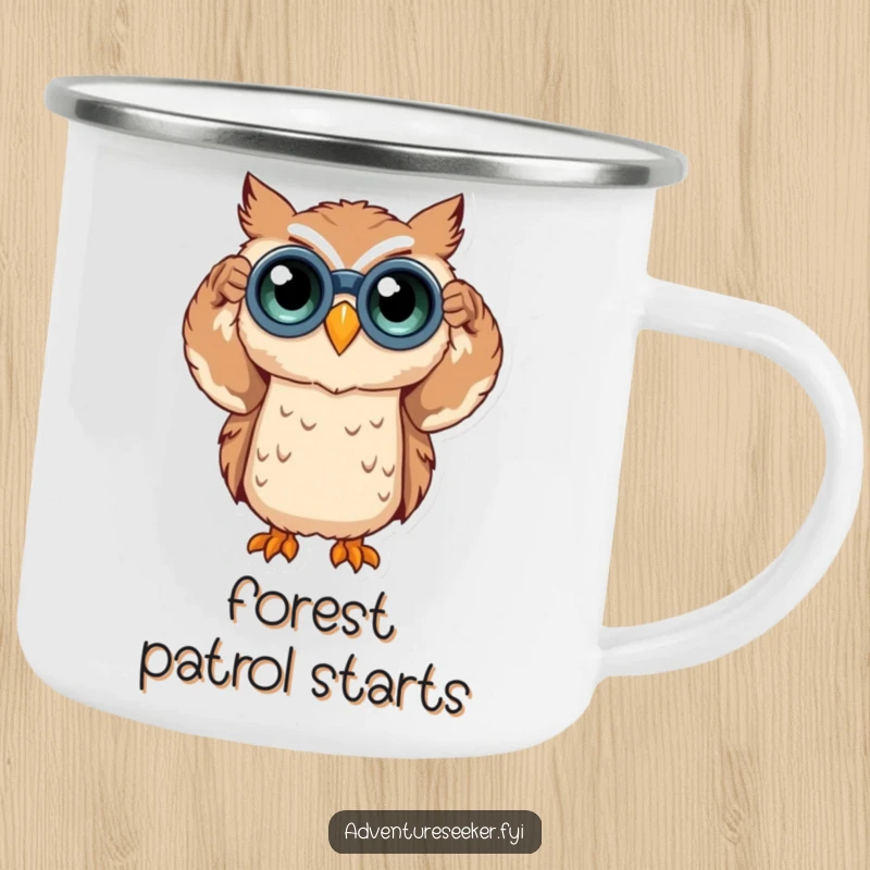 Funny owl character with binoculars on a sturdy camping mug, ready for outdoor exploration and curiosity. A rugged funny gift.