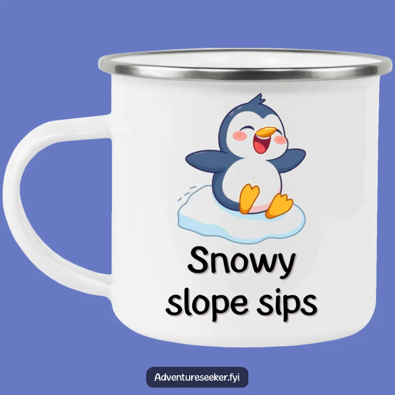 Funny Penguin Camping Mug: Cheerful Character's Ice Slide Adventure Fuel, Gift