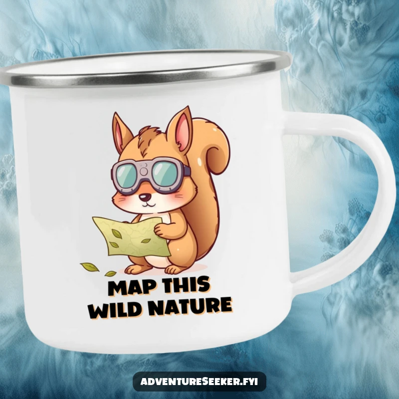 Funny squirrel map camping mug, showing a curious squirrel wearing goggles, studying a map made of leaves.