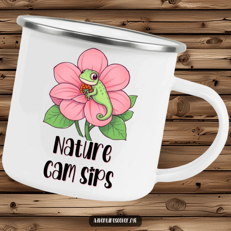 Funny camping mug featuring a playful chameleon blending with a large, colorful flower, ideal for outdoor enthusiasts, a humorous and vibrant gift.