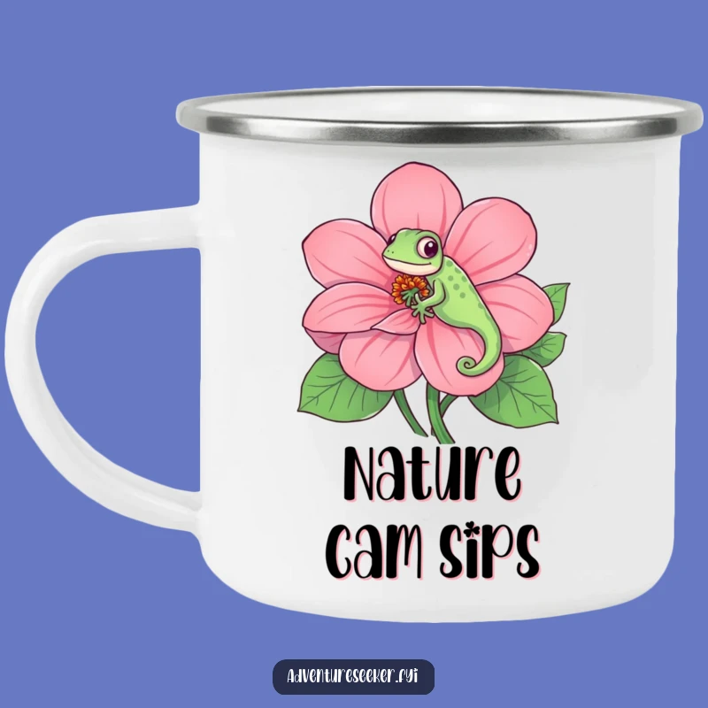 Funny Chameleon Camping Mug: Playful Flower Camouflage Adventure, Gift