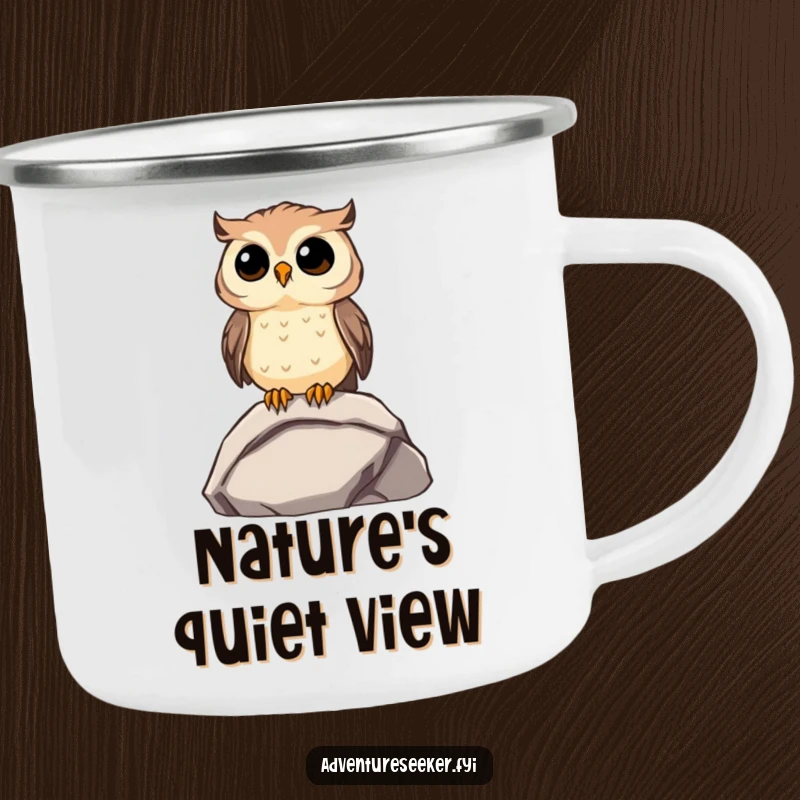 Funny Owl Camping Mug: Curious owl on a rock, gazing into the distance, perfect for funny outdoor contemplation.