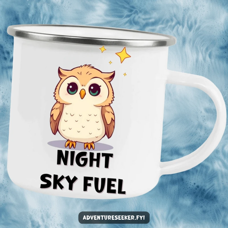 Funny Owl Camping Mug featuring a curious owl character gazing at a distant star, perfect for outdoor humorous enjoyment.