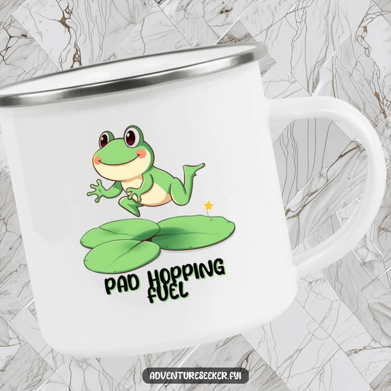Funny smiling frog character on a rugged camping mug, leaping across lily pads. A durable funny gift.