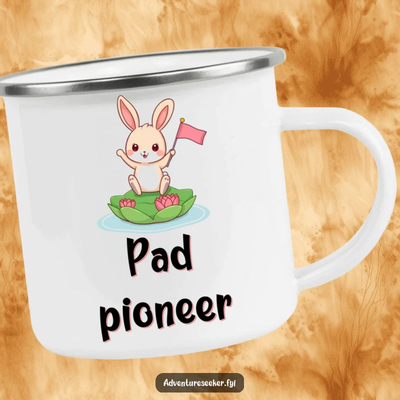 Funny Bunny Camping Mug: Playful bunny triumphantly planting a tiny flag on a floating lily pad, rugged and celebratory.