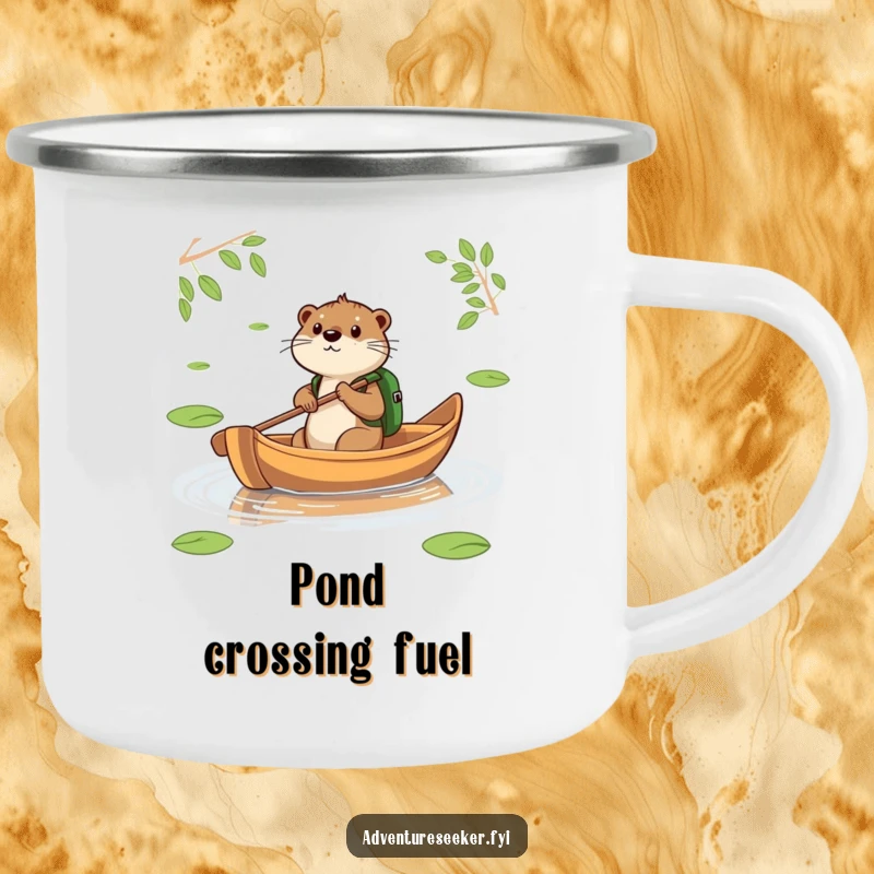 Funny Otter Leaf Boat Camping Mug. Features a determined otter paddling a leaf boat for outdoor adventures.