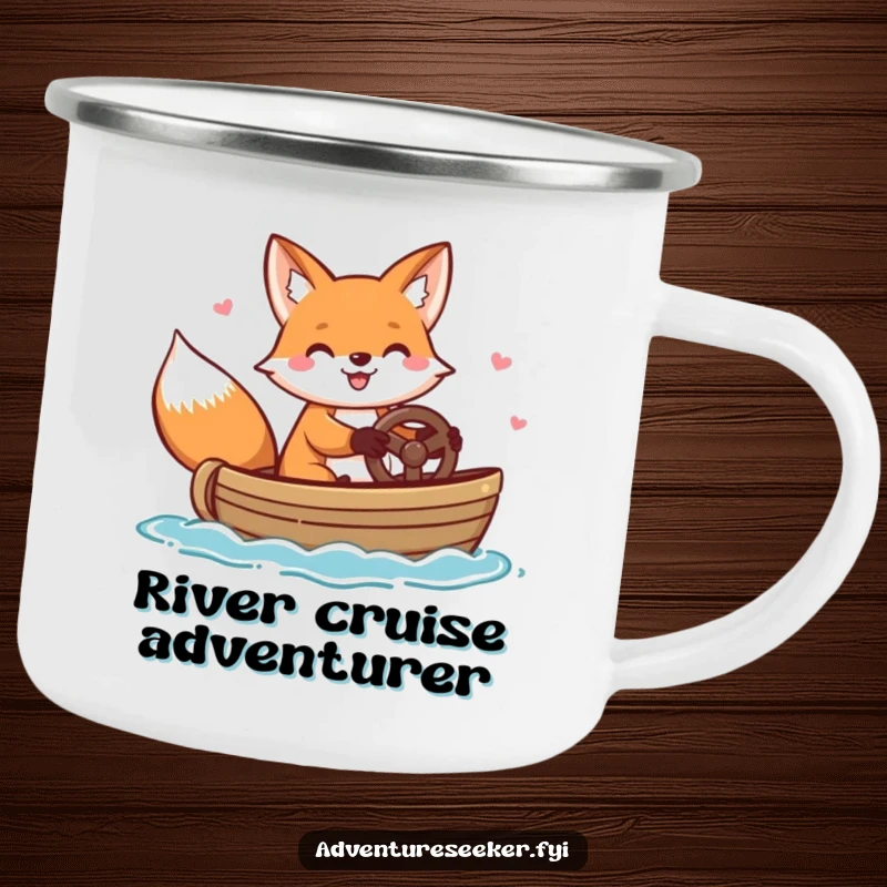 Funny camping mug with a cheerful fox character happily steering a small boat, perfect for navigating the great outdoors.