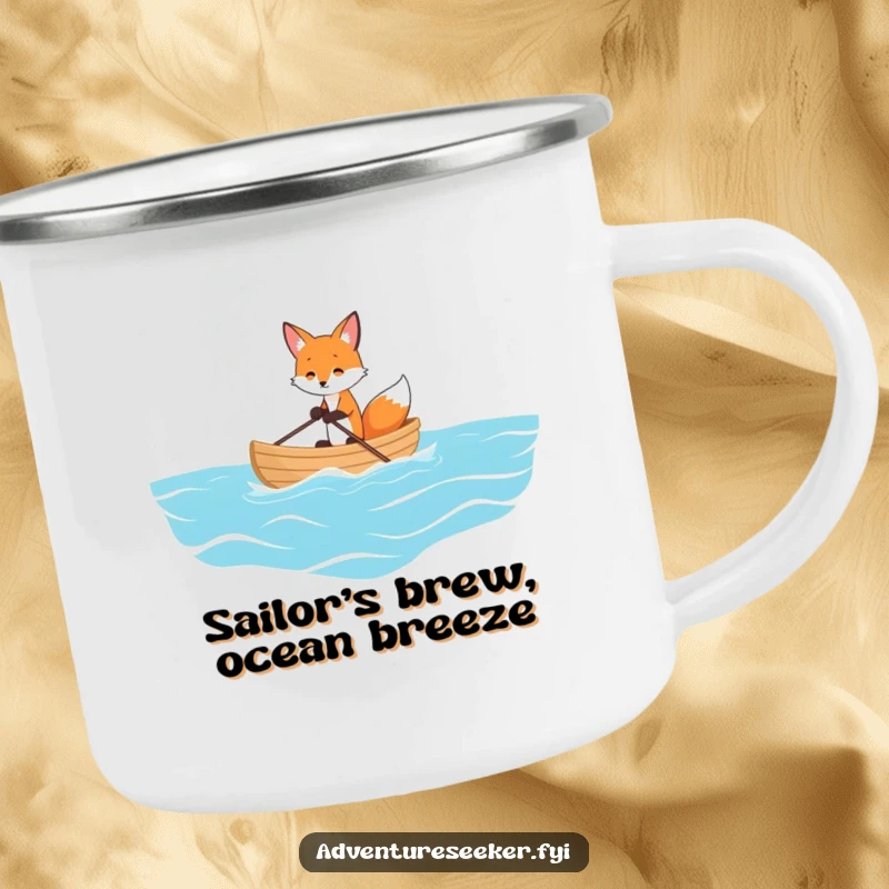 Funny camping mug with a playful fox rowing a tiny boat on a vast ocean, perfect for outdoor adventures and a humorous touch.