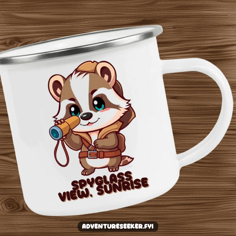 Funny camping mug featuring a brave badger explorer with a spyglass, perfect for enjoying drinks outdoors and planning adventures.