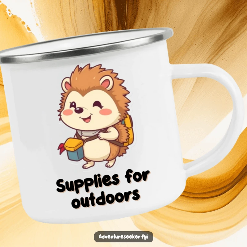 Funny camping mug with a smiling hedgehog explorer packing a tiny backpack, ideal for enjoying drinks on outdoor adventures.