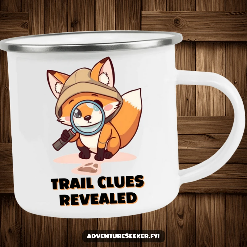 Funny Fox Explorer Camping Mug: Brave fox with magnifying glass inspecting a tiny footprint, ideal for outdoor investigations and humorous camp mornings.