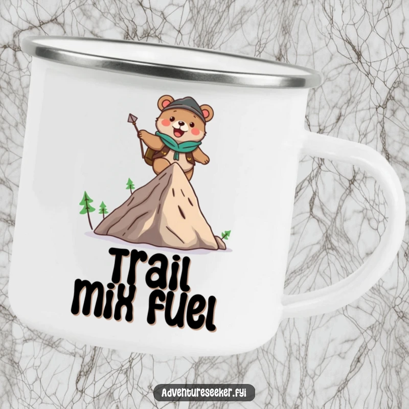 Funny camping mug with a cute bear adventurer character joyfully climbing a mountain, designed for rugged use and smiles.