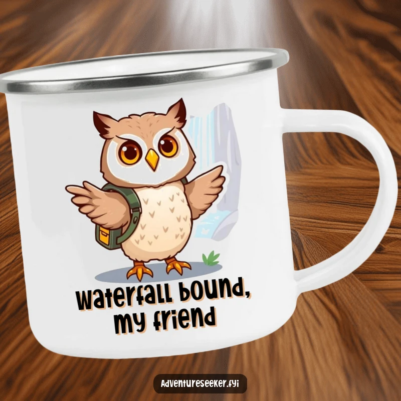 Funny owl explorer camping mug, showing a brave owl with a backpack pointing towards a distant, shimmering waterfall.