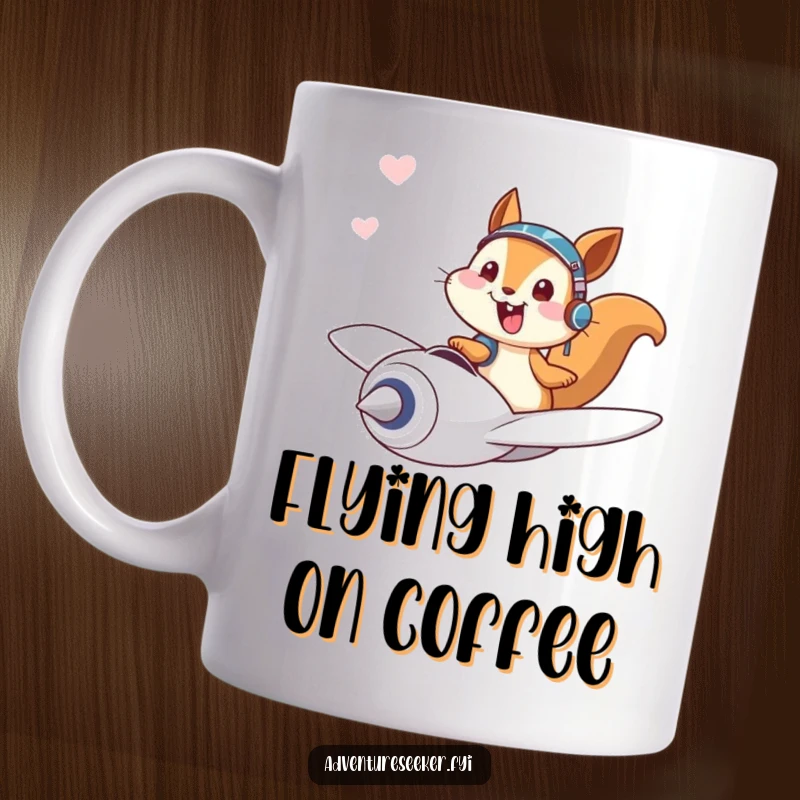 Funny mug featuring a giggling squirrel pilot character joyfully soaring through the sky in a tiny plane, embodying carefree fun.