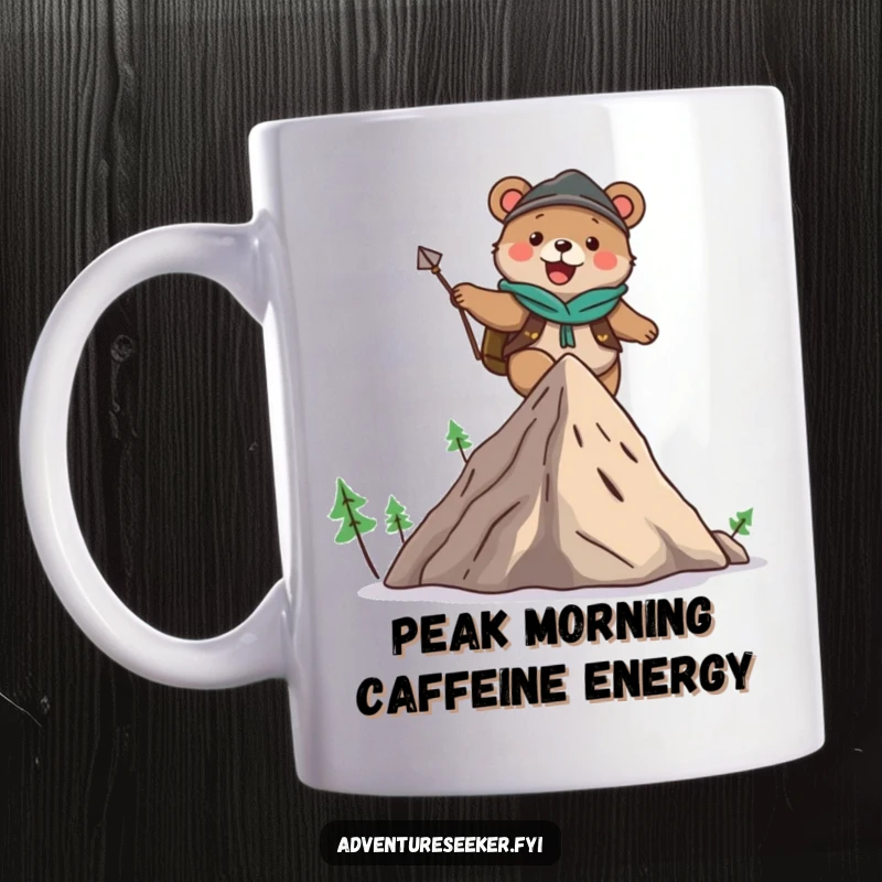 Funny mug featuring a cute bear adventurer character joyfully climbing a small, stylized mountain, embodying a spirit of fun and determination.