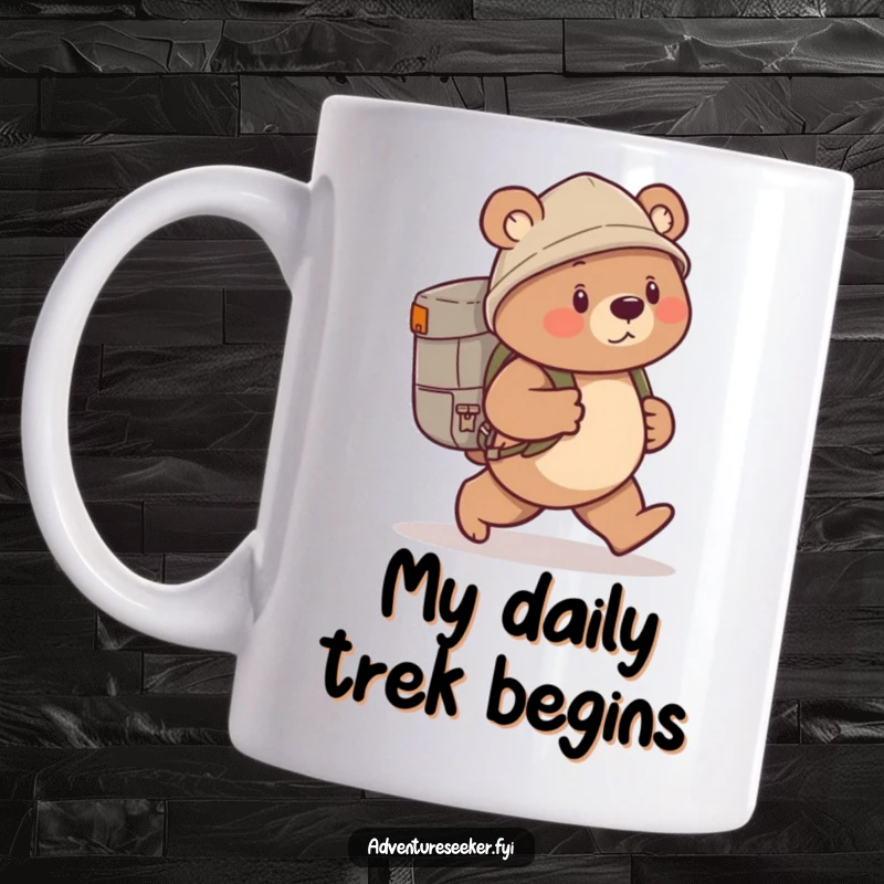 Funny bear explorer mug with a cute bear, backpack, and determined stride, ready for an outdoor adventure.