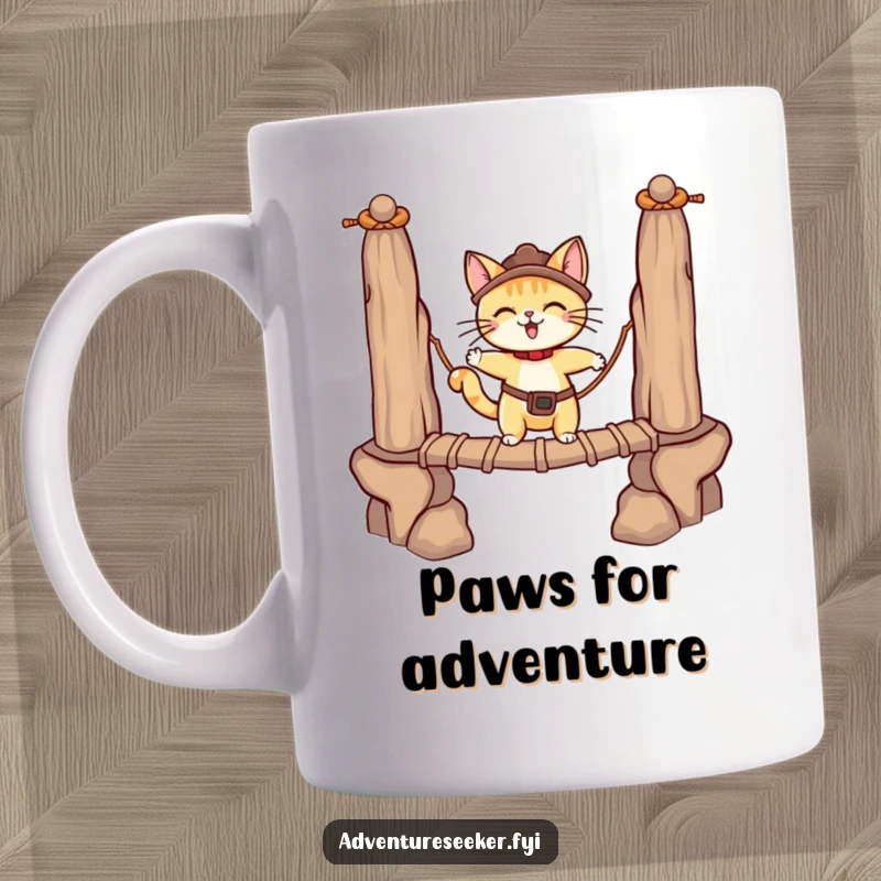 Funny adventurous cat character bravely crossing a rope bridge on a mug, showing determination. A daring funny gift.