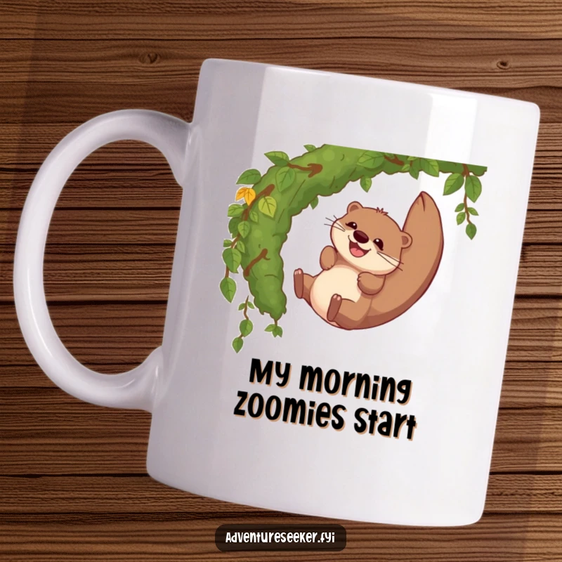 Funny mug with a gleeful otter character giggling as it slides down a lush, mossy jungle vine, capturing pure, unadulterated fun.