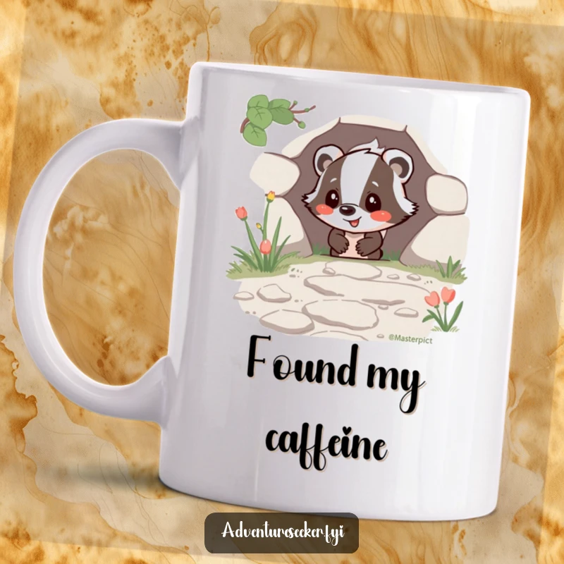 Funny Happy Badger Mug featuring a joyful badger character finding a secret path, perfect for adventurous gift recipients.