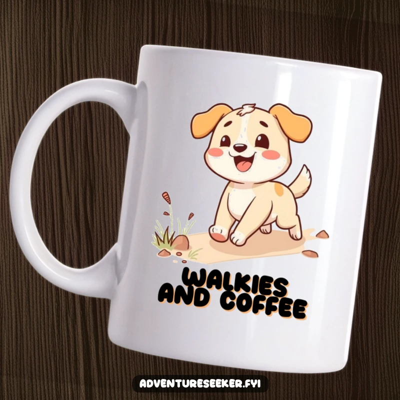 Funny happy dog mug with an enthusiastic character eagerly following a trail, representing joy and adventure.