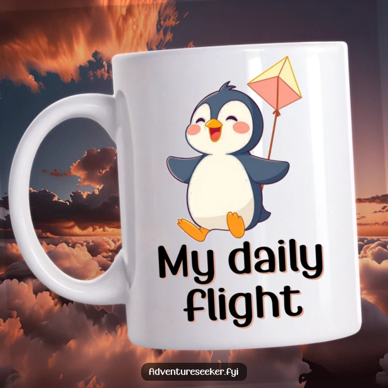 Funny mug with a joyful penguin character soaring gleefully through the air on a colorful, makeshift kite, full of wonder.