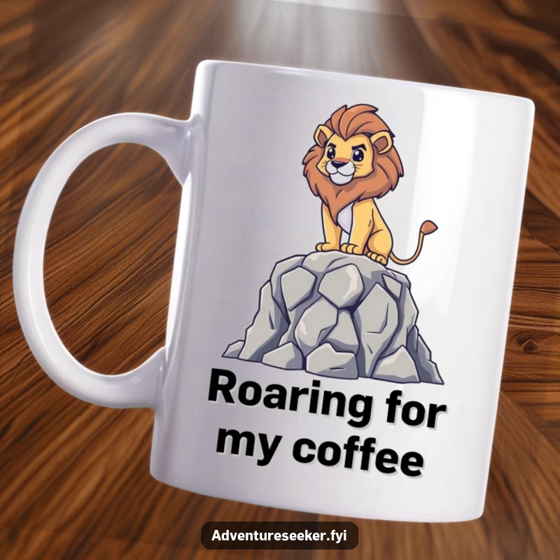 Funny mug featuring a brave lion character standing majestically atop a rocky outcrop, surveying its surroundings with regal confidence.