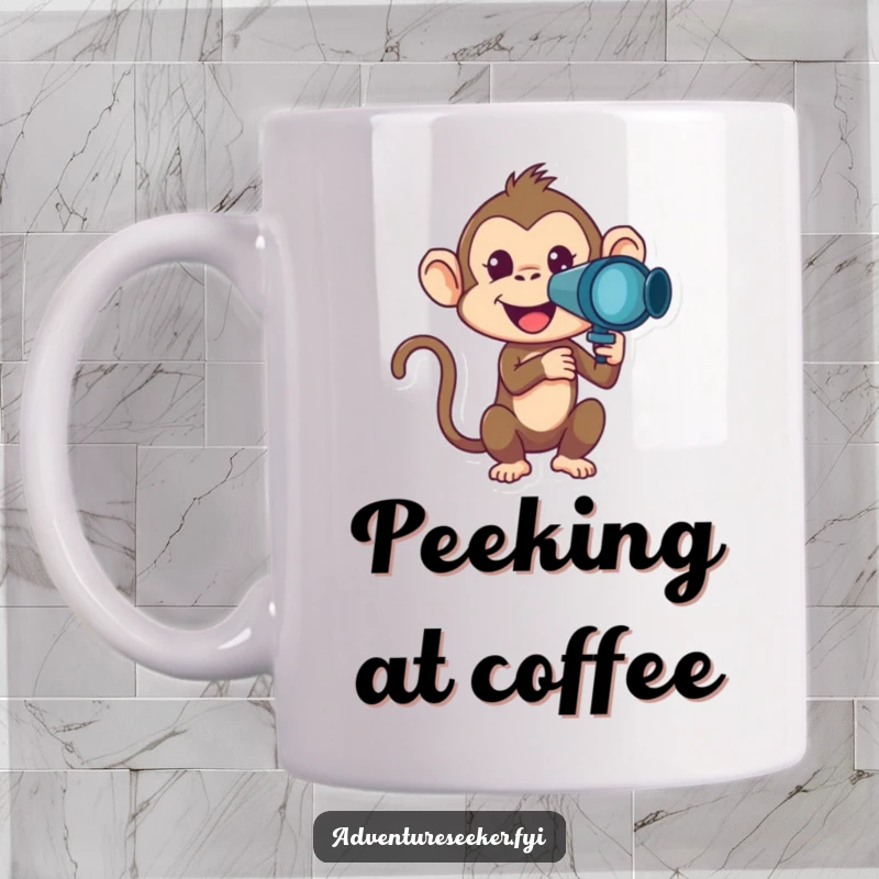 Funny Monkey Mug showing a mischievous monkey character looking through a telescope, ideal humorous gift for explorers.