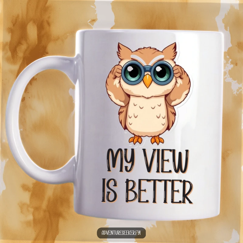 Funny owl character with binoculars on a mug, intently searching for something with a curious expression, making it a delightful gift.