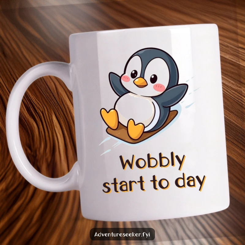 Funny wobbly penguin character in a mug, joyfully sliding down an icy slope with excitement. A delightful funny gift.
