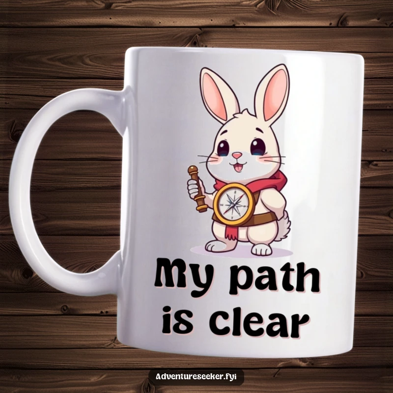 Funny rabbit explorer mug showing a brave rabbit holding a compass, looking towards the distant horizon.