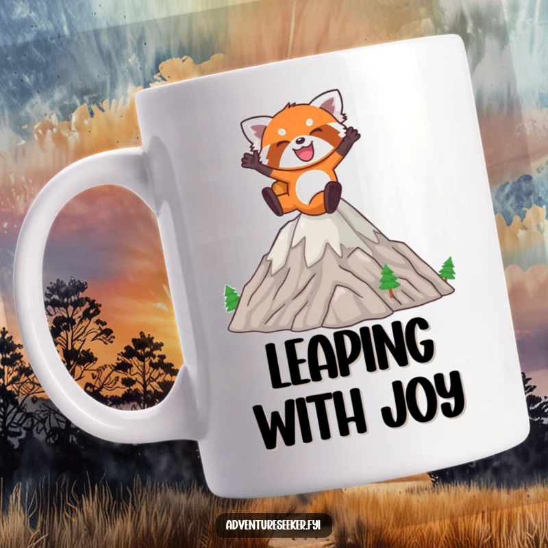 Funny Red Panda Mug: Joyful red panda leaping energetically over miniature mountains with a happy expression.