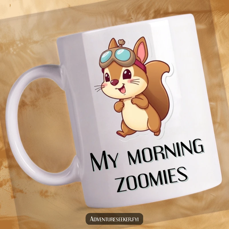 Funny squirrel aviator mug featuring a cheerful squirrel in a tiny hat, soaring through the sky with joy.