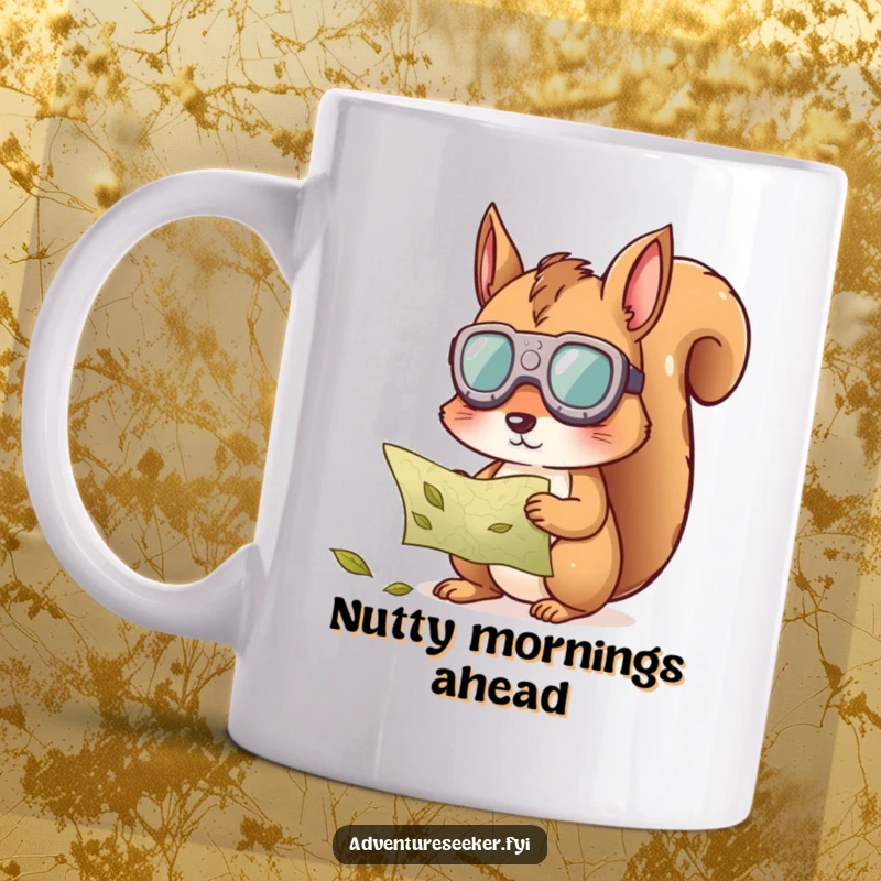 Funny squirrel character mug, wearing goggles, trying to decode a map made of leaves with intense focus.