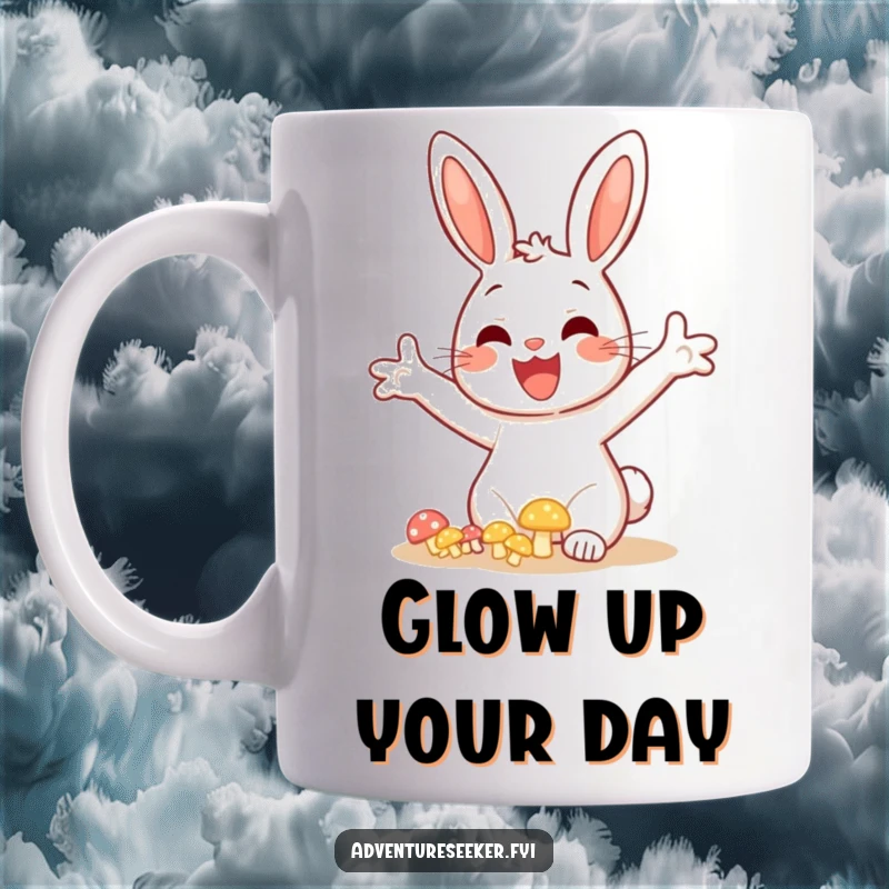 Funny bunny character mug, arms outstretched in excitement discovering glowing mushrooms, radiating joy and wonder.