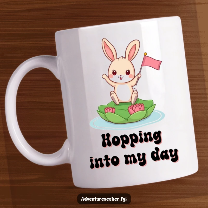 Funny Bunny Mug: Playful bunny triumphantly planting a tiny flag on a floating lily pad with a proud expression.
