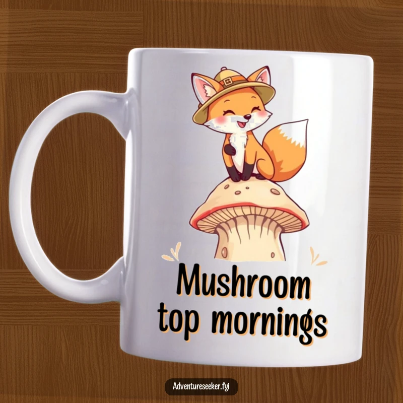 Funny Fox Pith Helmet Mushroom Mug. A playful fox in a pith helmet climbs a tall mushroom with adventurous spirit.