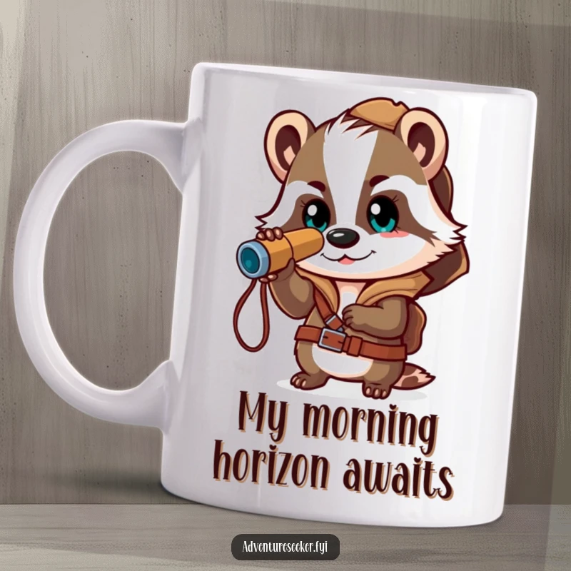 Funny mug featuring a brave badger explorer peering through a spyglass, full of determination and excitement for new discoveries.