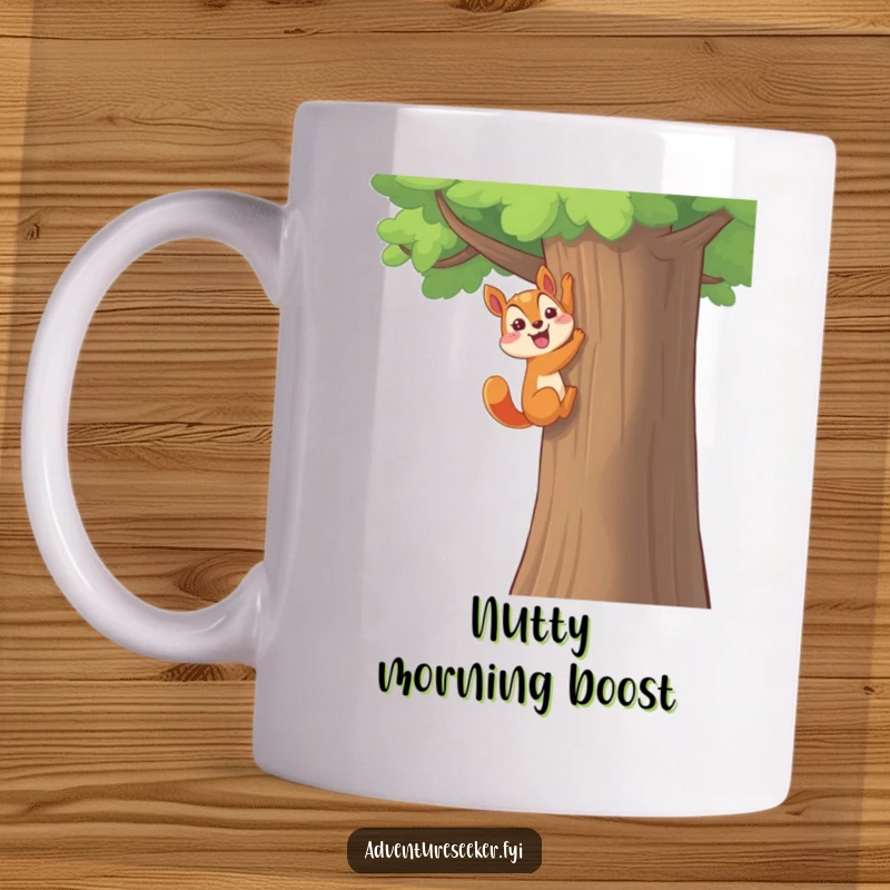 Funny Squirrel Mug: Happy character triumphantly climbing a tall tree, embodying funny success.