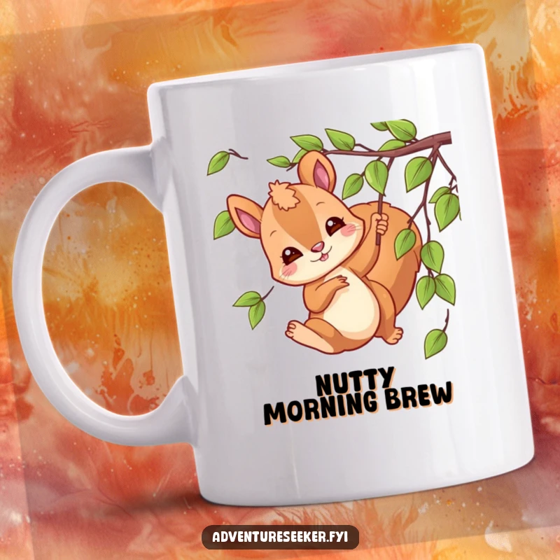 Funny swinging squirrel mug featuring a playful character joyfully swinging from a vine, bringing forest fun.