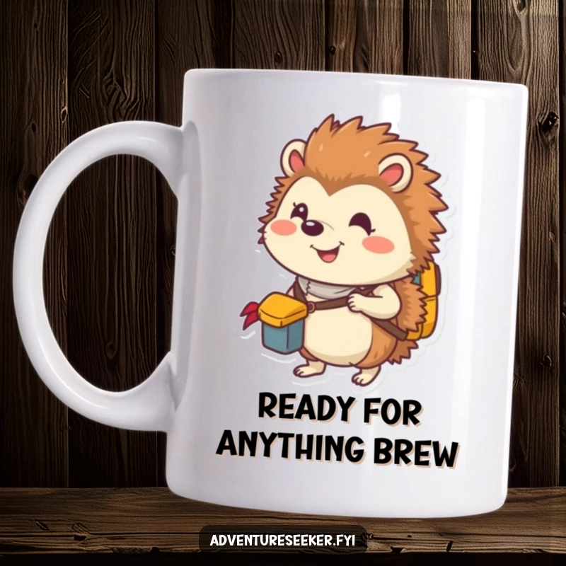 Funny mug featuring a smiling hedgehog explorer character packing a tiny backpack with essential supplies, ready for adventure.