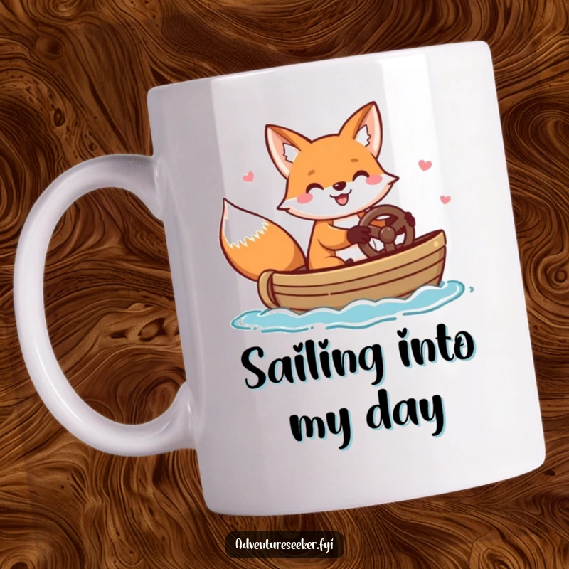 Funny mug featuring a cheerful fox character happily steering a small boat, embodying nautical fun and playful adventure.
